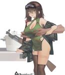  1girl artist_name assault_rifle asymmetrical_legwear blush breasts brown_eyes brown_hair camouflage camouflage_jacket cleavage cowboy_shot disembodied_limb eyewear_on_head girls&#039;_frontline goggles goggles_on_head grabbing_another&#039;s_arm gun highres jacket kalashnikov_rifle large_breasts long_hair looking_at_viewer nipple_tweak no_panties off_shoulder open_clothes open_jacket open_mouth red_star rifle rosetta(obsidian117) star_(symbol) teeth thighhighs type_56-1_(girls&#039;_frontline) type_56-1_(mod3)_(girls&#039;_frontline) type_56_assault_rifle upper_teeth_only weapon white_background 