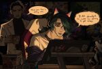  2boys animal_ear_headphones animal_ears black_hair cat_ear_headphones collarbone cup drawing english_commentary fake_animal_ears green_hair hair_over_one_eye headphones highres holding holding_cup holding_pen hwei_(league_of_legends) jacket jhin konstatin_(konstatinart) league_of_legends long_hair male_focus mask mask_on_head multiple_boys pen ponytail purple_eyes short_hair speech_bubble suit white_jacket white_suit 