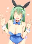  1girl absurdres animal_ears bare_shoulders blue_leotard blush bow bowtie breasts cleavage closed_eyes covered_navel detached_collar fake_animal_ears frog_hair_ornament green_hair hair_ornament hair_tubes heart highres kochiya_sanae kyanta5354 large_breasts leotard long_hair looking_at_viewer open_mouth pink_background playboy_bunny rabbit_ears rabbit_tail simple_background single_hair_tube smile snake_hair_ornament solo strapless strapless_leotard tail touhou traditional_bowtie upper_body wrist_cuffs 