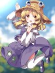  1girl :d animal_print blonde_hair blurry blurry_background brown_headwear commentary_request frog_print full_body hat highres long_sleeves looking_at_viewer medium_hair moriya_suwako open_mouth outdoors purple_footwear purple_skirt purple_vest ruu_(tksymkw) shirt sidelocks skirt smile solo straw_hat thighhighs touhou vest white_shirt white_thighhighs wide_sleeves yellow_eyes 