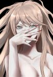  1girl :d black_background blonde_hair breasts cleavage collarbone danganronpa:_trigger_happy_havoc danganronpa_(series) enoshima_junko grey_eyes hand_up highres large_breasts long_hair nail_polish natsu_(apfhd_77) red_nails simple_background smile solo teeth tongue upper_body upper_teeth_only 