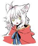  1girl animal_ears cape cat_ears cat_girl chestnut_mouth fang looking_at_viewer mono_(nekogoya) original red_cape short_hair upper_body white_hair yellow_eyes 
