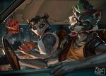 american_opossum anthro athletic athletic_male car duo hi_res male mammal marsupial piercing procyon_(redsummer) procyonid raccoon redsummer tongue tongue_out tongue_piercing vehicle