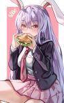  1girl animal_ears black_jacket breasts burger eating food highres jacket long_hair maboroshi_mochi necktie open_clothes open_jacket pink_skirt purple_hair purple_nails rabbit_ears rabbit_girl red_eyes red_necktie reisen_udongein_inaba shirt skirt sliced_cheese solo touhou very_long_hair white_shirt 