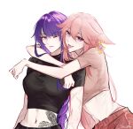  2girls :p black_shirt breasts commentary crop_top genshin_impact glaciel hug long_hair looking_at_viewer medium_breasts midriff multiple_girls navel one_eye_closed pink_hair pink_shirt purple_eyes purple_hair raiden_shogun shirt short_sleeves simple_background smile stomach stomach_tattoo tattoo tongue tongue_out upper_body very_long_hair white_background yae_miko 