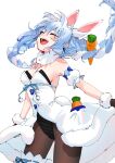  1girl animal_ears arched_back black_leotard blue_hair braid carrot closed_eyes cowboy_shot dress fur-trimmed_gloves fur_trim gloves gotou_(nekocat) highres hololive leotard long_hair multicolored_hair open_mouth rabbit_ears rabbit_girl rabbit_tail simple_background smile solo standing strapless strapless_dress tail teeth twin_braids upper_teeth_only usada_pekora virtual_youtuber white_background white_dress white_hair 