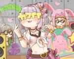  3girls :d bangle belt belt_buckle black_belt black_choker blonde_hair blush bow bra bracelet breasts brown_hair buckle character_name choker clothing_cutout collarbone commentary_request facing_viewer flying_sweatdrops futaba_anzu graffiti grey_hair hair_bow hair_flaps hair_intakes hand_gesture hands_up heart heart-shaped_buckle idolmaster idolmaster_cinderella_girls idolmaster_cinderella_girls_starlight_stage jewelry koshimizu_sachiko long_hair morikubo_nono multiple_girls navel pink_bow pleated_skirt purple_bra purple_skirt ringlets see-through shirt short_sleeves shoulder_cutout skirt small_breasts smile sunglasses tied_shirt underwear white_shirt yukie_(kusaka_shi) 