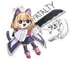  0_0 1girl anger_vein angry animal_ears black_skirt black_thighhighs blonde_hair blue_archive bow cat_ears cat_tail chibi coat death_momoi_(meme) english_text engrish_text fake_animal_ears fake_tail furious gbsangou hair_bow halo holding holding_knife huge_weapon knife long_sleeves looking_at_viewer medium_hair meme momoi_(blue_archive) multiple_views open_mouth pink_bow pink_footwear ranguage sidelocks skirt tail teeth thighhighs upper_teeth_only weapon white_background white_coat 