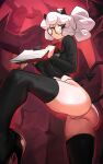  1girl ass black_jacket black_thighhighs bloop_(archives) demon demon_girl demon_horns demon_tail from_below helltaker high_heels highres horns jacket looking_at_viewer pandemonica_(helltaker) pussy red_eyes red_shirt round_eyewear shirt tail thighhighs 