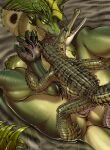 anthro anus big_breasts breasts claws crocodilian duo feet female fin gharial green_body green_scales head_fin josephsuchus larger_female larger_penetrated long_claws long_neck lying male male/female nipples non-mammal_breasts non-mammal_nipples on_back partially_submerged penetration penile penile_penetration penis_in_pussy reptile scales scalie sharp_teeth size_difference smaller_male smile snake snake_hood spikes teeth thick_thighs vaginal vaginal_penetration water