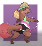 anthro ball clothing female feral headgear headwear hi_res holding_object honeymono looking_at_viewer looking_down mammal mustelid otter purple_background semi-anthro simple_background solo swimwear