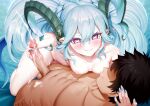  1boy 1girl aqua_hair black_hair braid breast_sucking breasts censored closed_mouth collarbone completely_nude crown_braid cum curled_horns ejaculation erection fate/grand_order fate_(series) hair_between_eyes handjob hetero highres horns larva_tiamat_(fate) larva_tiamat_(second_ascension)_(fate) long_hair long_horns m-da_s-tarou nipples nude nursing_handjob penis pink_eyes pointy_ears projectile_cum short_hair sidelocks small_breasts smile symbol-shaped_pupils tail testicles tiamat_(fate) twintails variant_set very_long_hair 