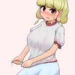  1girl blonde_hair blue_skirt blush breasts commentary_request cowboy_shot dutch_angle ebisu_eika frilled_shirt_collar frilled_sleeves frills kigan&#039;eiji large_breasts long_earlobes looking_at_viewer open_mouth puffy_short_sleeves puffy_sleeves red_eyes shirt short_hair short_sleeves simple_background skirt solo squeezing tearing_up touhou wet wet_clothes wet_hair white_shirt 