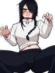  1girl alternate_breast_size black_hair black_pants blush braid breasts chainsaw_man claw_pose clenched_teeth clothes_lift commentary hair_over_one_eye hair_over_shoulder highres large_breasts mark_gavatino navel nayuta_(chainsaw_man) pants ringed_eyes single_braid solo spread_legs sweatdrop sweater sweater_lift teeth white_sweater yellow_eyes 