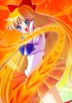  1girl absurdres aino_minako bishoujo_senshi_sailor_moon blonde_hair blue_eyes bow chain gloves highres koume_paint long_hair magical_girl miniskirt open_mouth orange_background orange_skirt red_bow sailor_venus skirt very_long_hair 