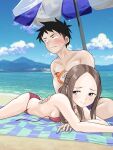  1boy 1girl absurdres averting_eyes beach bikini black_hair blush breasts brown_eyes brown_hair collarbone couple day embarrassed hetero highres karakai_jouzu_no_takagi-san long_hair lying nishikata ocean on_stomach outdoors parted_bangs red_bikini short_hair sideboob sitting small_breasts straight_hair summer sweatdrop swimsuit takagi-san untied_bikini user_datj4345 