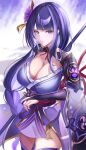  1girl absurdres blunt_bangs blurry blurry_background braid braided_ponytail breasts bridal_gauntlets cleavage commentary_request cowboy_shot genshin_impact highres japanese_clothes kimono large_breasts long_hair looking_at_viewer mole mole_under_eye neck_ribbon obi parted_lips purple_eyes purple_hair purple_kimono raiden_shogun red_ribbon ribbon sash solo very_long_hair zino_zinuo 