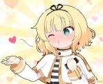  1girl @_@ blonde_hair blowing_kiss blush can canned_coffee capelet commentary_request cosplay flying_sweatdrops frieren frieren_(cosplay) gochuumon_wa_usagi_desu_ka? green_eyes hands_up heart holding holding_can kirima_syaro long_sleeves mitya nose_blush one_eye_closed puckered_lips shirt solo sousou_no_frieren striped striped_shirt sunburst sunburst_background sweat upper_body white_capelet 