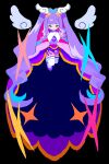  1girl absurdly_long_hair absurdres black_background blunt_bangs closed_mouth commentary_request cure_majesty dress ellee-chan floating hair_ornament heart heart_hair_ornament highres hirogaru_sky!_precure long_hair looking_at_viewer magical_girl noniha precure purple_dress purple_footwear purple_hair shoes smile solo sparkle thighhighs very_long_hair wavy_hair white_thighhighs white_wings wing_hair_ornament wings 