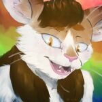 anthro aurelie_spellmire_(character) brown_hair cheek_tuft domestic_cat dregadude facial_tuft fangs felid feline felis female fluffy fur hair hi_res lips looking_at_viewer mammal nude open_mouth orange_body orange_eyes orange_fur painting_(artwork) pink_lips rainbow_background simple_background solo teeth traditional_media_(artwork) tuft whiskers white_body white_fur