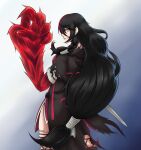  1girl bandaged_arm bandages black_hair ememtrp highres long_hair looking_back shorts solo_focus sword tales_of_(series) tales_of_berseria thighhighs torn_clothes torn_shorts torn_thighhighs velvet_crowe very_long_hair weapon yellow_eyes 