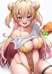  1girl bikini blonde_hair blood breasts collarbone commentary double_bun floating_hair green_eyes hair_between_eyes hair_bun hair_ornament highres hololive large_breasts long_hair looking_at_viewer momosuzu_nene multicolored_hair naughty_face navel nekko_(momosuzu_nene) pink_hair pool_of_blood raised_eyebrows see-through shirt sidelocks single_bare_shoulder sitting skindentation smile sweat swimsuit takuty teeth thigh_strap thighs tongue tongue_out two-tone_hair upper_teeth_only v_arms very_long_hair virtual_youtuber white_shirt yellow_bikini 