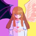  1girl angel_and_devil angel_wings blunt_bangs blunt_ends brown_eyes brown_hair change_of_heart closed_mouth demon_wings dual_persona duel_monster feathered_wings heart highres long_hair long_sleeves looking_at_viewer noniha own_hands_together polar_opposites shirt smile solo split_theme upper_body white_shirt wide_sleeves wings yu-gi-oh! 