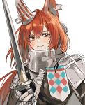  1girl absurdres animal_ear_fluff animal_ears arknights armor armored_collar belt belt_buckle black_belt blush brown_jacket buckle closed_mouth collar colored_inner_hair commentary_request double-parted_bangs ear_armor facing_viewer flametail_(arknights) gambeson gauntlets gloves grey_gloves grey_hair hair_between_eyes hand_up hatching_(texture) high_collar highres holding holding_sword holding_weapon jacket light_smile linear_hatching long_hair looking_afar looking_to_the_side metal metal_collar metal_gloves multicolored_hair nun2o orange_hair pauldrons ponytail red_eyes shoulder_armor shoulder_belt shoulder_pads simple_background single_pauldron single_shoulder_pad sketch solo squirrel_ears squirrel_girl standing sword two-tone_hair upper_body very_long_hair weapon white_background 