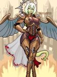 absurd_res anthro armor back_plates big_breasts blue_eyes bottomwear breasts clothing colored couter cuisse dannoartista detailed_background dinosaur fake_wings female goodbye_volcano_high greaves green_body green_hair green_scales hair hair_bun hand_on_hip hi_res loincloth long_tail narrowed_eyes ornithischian pauldron reptile scales scalie skinsuit snoot_game snout solo spiked_tail spikes spikes_(anatomy) standing stegosaurian stegosaurus stella_(snoot_game) tail thyreophoran tight_clothing vambrace warhammer_(franchise) warhammer_40000 wide_hips