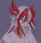  1girl bare_shoulders completely_nude eyeliner fu_hua fu_hua_(fenghuang_of_vicissitude) grey_background highres honkai_(series) honkai_impact_3rd long_hair makeup multicolored_hair nude r1nnscribbles red_eyeliner red_eyes red_hair red_scales scales simple_background solo streaked_hair tongue tongue_out very_long_hair white_hair yellow_pupils 