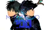  2boys back-to-back black_eyes black_hair blunt_bangs bowl_cut brothers closed_mouth copyright_name gakuran hair_between_eyes kageyama_ritsu kageyama_shigeo long_sleeves male_focus mob_psycho_100 multiple_boys ororooops parted_lips school_uniform short_hair siblings simple_background white_background 