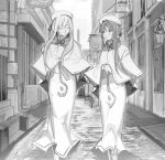  2girls aria_(manga) aria_company_uniform building greyscale hat long_hair monochrome multiple_girls road sign street suiso_(owp) town wall_lamp window 