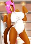 anthro bare_shoulders big_breasts blaze_(marking) breasts brown_body brown_fur clothing equid equine facial_markings female fur hair hair_over_eye head_markings hi_res hoof_hands hooves horse horse_ears looking_at_viewer mammal markings nezumi_(nezuminosippo) one_eye_obstructed open_mouth pink_hair portrait pregnant red_eyes smile snip_(marking) snout solo tail thick_thighs three-quarter_portrait unitard white_clothing white_hooves