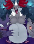 2020 abdominal_bulge anthro bodily_fluids breasts cave claws delphox digestion_noises drooling duskull female fidchellvore fire generation_1_pokemon generation_3_pokemon generation_6_pokemon group haunter ingrid_(fidchellvore) inner_ear_fluff larger_female navel nintendo pokemon pokemon_(species) red_eyes saliva size_difference smile tongue tongue_out trio tuft vore