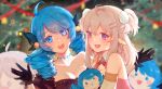  2girls :&gt; :d ahoge bare_shoulders bell black_bow black_gloves blonde_hair blue_eyes blue_hair blurry blurry_background blush blush_stickers bow breasts character_doll character_request closed_mouth collarbone drill_hair earrings gloves gwen_(league_of_legends) hair_bell hair_bow hair_ornament hairclip highres jewelry large_breasts league_of_legends linkbao long_hair multiple_girls pink_eyes small_breasts smile teeth twin_drills twintails upper_teeth_only x_hair_ornament 