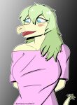 absurd_res anthro big_breasts blue_eyes blush breasts clothing colored dinosaur fdaapprovedbeef female goodbye_volcano_high green_body green_hair green_scales hair hi_res long_hair looking_away low_cut_shirt open_mouth ornithischian pink_clothing pink_shirt pink_topwear reptile scales scalie shirt simple_background slight_smile snoot_game snout solo spiked_tail spikes spikes_(anatomy) stegosaurian stegosaurus stella_(snoot_game) tail thyreophoran tongue topwear