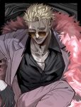  1boy black_shirt blonde_hair blood blood_from_eyes collarbone donquixote_doflamingo earrings eyelashes feather_boa glint grey_eyes grey_jacket grey_pants highres jacket jewelry looking_at_viewer looking_over_eyewear male_focus one_piece pants pectoral_cleavage pectorals shirt sitting solo zkc_fes 
