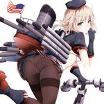  absurdres american_flag ass blonde_hair boots bra breasts character_name eyebrows_visible_through_hair from_behind gloves grey_bra grey_eyes grey_footwear grey_gloves grey_hat grey_shirt ground_vehicle hat hazuki_gyokuto highres looking_at_viewer looking_back machinery mahan_(zhan_jian_shao_nyu) medium_breasts midriff miniskirt motor_vehicle panties panties_under_pantyhose pantyhose pleated_skirt rigging rudder_shoes scooter shirt short_hair short_sleeves simple_background skirt smokestack solo thighband_pantyhose torpedo underwear upskirt white_background white_panties zhan_jian_shao_nyu 