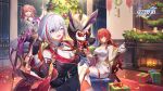 3girls :d ;d asta_(honkai:_star_rail) bare_shoulders black_gloves black_skirt blue_eyes box breasts chinese_commentary christmas_tree christmas_wreath cleavage colored_inner_hair copyright_name detached_sleeves dress fire fireplace gift gift_box gloves grey_hair high_belt highres himeko_(honkai:_star_rail) honkai:_star_rail honkai_(series) indoors large_breasts logo long_hair looking_at_viewer multicolored_hair multiple_girls numby_(honkai:_star_rail) official_art one_eye_closed one_side_up open_mouth pink_hair red_hair shirt short_hair sitting skirt sleeveless sleeveless_dress smile streaked_hair topaz_(honkai:_star_rail) very_long_hair white_dress white_hair white_shirt window wreath 