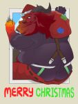 2023 3:4 anthro belly big_belly bluewhale127 bottomwear bovid butt christmas christmas_clothing christmas_headwear clothing hat headgear headwear hi_res holidays humanoid_hands kemono male mammal ornn_(lol) overweight overweight_male pants santa_hat sitting solo