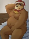 2023 absurd_res anthro bear bed belly big_belly brown_body brown_fur christmas christmas_clothing christmas_headwear clothing detailed_background eyewear fur furniture glasses hat headgear headwear hi_res holidays humanoid_hands inside kemono lifewonders male mammal moobs navel one_eye_closed overweight overweight_male pillow santa_hat sitting solo tokyo_afterschool_summoners volos yaki_atsuage