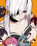  1girl aegyo_sal black_eyes black_nails bra breasts chainsaw_man cleavage cosmo_(chainsaw_man) doll eyepatch hair_over_one_eye highres long_(chainsaw_man) looking_at_viewer pingtsi_(chainsaw_man) ponytail quanxi_(chainsaw_man) sailen0 short_hair underwear white_hair 