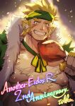  1boy another_eidos-r artist_name bara bare_pectorals blonde_hair copyright_name english_text food green_headband headband highres holding holding_food large_pectorals looking_at_viewer male_focus muscular muscular_male nipples open_clothes pectorals pugi_(another_eidos) short_hair smile solo teeth thick_eyebrows upper_body waku_(ayamix) 