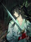  1boy aqua_eyes bamboo black_hair chinese_clothes closed_mouth dao hanfu heterochromia highres holding holding_sword holding_weapon hong_lu_(project_moon) leaf limbus_company long_hair mugglesix project_moon solo sword upper_body very_long_hair weapon white_tunic 