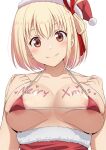  1girl bikini blonde_hair blush bob_cut breasts closed_mouth collarbone commentary_request hair_ribbon hat highres large_breasts lycoris_recoil merry_christmas mibushiro micro_bikini nishikigi_chisato red_bikini red_eyes red_ribbon ribbon santa_costume santa_hat short_hair simple_background smile solo swimsuit upper_body white_background 