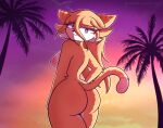anthro areola blue_eyes butt chaclaveloz domestic_cat felid feline felis female fur hair hi_res looking_at_viewer looking_back lucya_(ether) mammal multicolored_body nipples orange_body orange_fur pink_areola pink_nipples shaded sky solo tail two_tone_body white_body