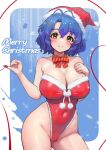  1girl bare_shoulders blue_hair blush bow bowtie breasts c_(theta) christmas cleavage closed_mouth commentary_request covered_navel hair_between_eyes hat highleg highleg_leotard highres idolmaster idolmaster_million_live! large_breasts leotard looking_at_viewer merry_christmas red_bow red_bowtie red_headwear red_leotard red_ribbon ribbon santa_hat short_hair smile solo striped striped_bow striped_bowtie thighs toyokawa_fuka yellow_eyes 