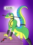 anthro armwear ball_gag belt bondage_gear clothing collar dialogue gag gecko genitals gex_(series) gex_the_gecko gradient_background hi_res humanoid_genitalia humanoid_penis lizard looking_at_viewer male penis raised_tail reptile rorrek scalie simple_background solo stripes tail whip