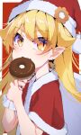  1girl bakemonogatari blonde_hair christmas doughnut earrings fang flat_chest food food-themed_hat_ornament food_in_mouth fur_trim hair_flaps hair_over_eyes hat hat_ornament highres holding holding_sack jewelry long_hair looking_at_viewer looking_to_the_side monogatari_(series) oshino_shinobu red_background sack santa_costume santa_hat skin_fang slit_pupils solo thomas_(aoakumasan) upper_body yellow_eyes 