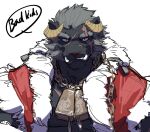 anthro bell christmas christmas_clothing clothing english_text foreloup fur grey_body grey_fur hi_res holidays horn krampus_(housamo) lifewonders male monster muscular muscular_anthro muscular_male pecs scar solo text tokyo_afterschool_summoners